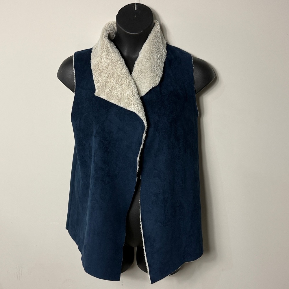 Madison & Lola Womens Navy Blue Faux Suede Shearling Draped Open Front Vest S